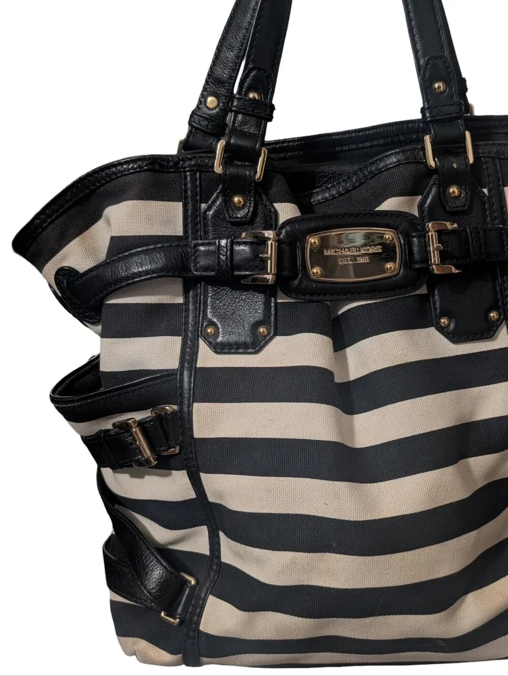 Michael Kors Gansevoort large belted tote in black and white stripe canvas